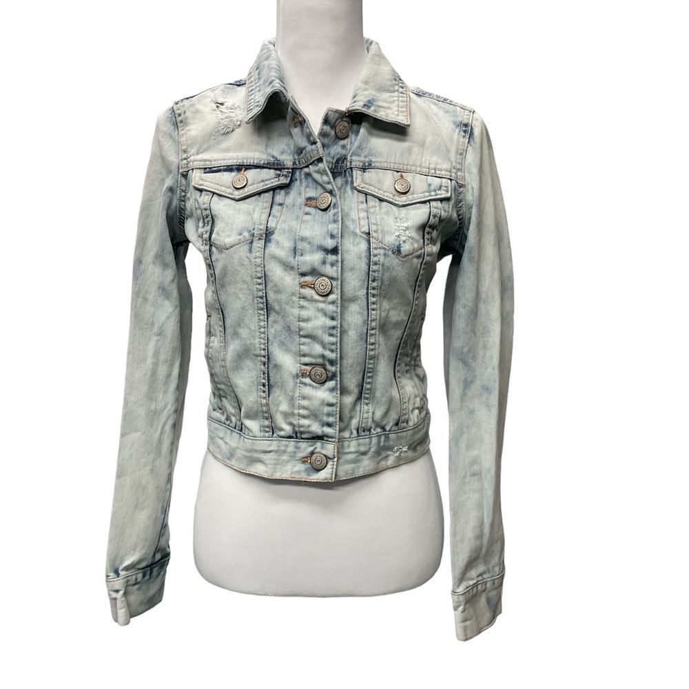 Aeropostale Distressed Cropped Cotton Denim Jacket Size Medium Blue Acid Wash